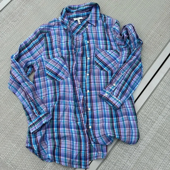 Joie 100% Cotton Plaid Button Down Shirt in purple blue green red size xxs - Picture 1 of 9